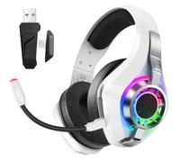 Tangxi Casque de Jeu pour PC, Console de Jeu, Casque Supra-auriculaire avec Son Surround 7.1, Microphone Antibruit, sans Fil 2,4 GHz, éclairage LED RVB Dynamique (White)
