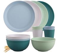 Tanice Kids Dinnerware Set, 12PCS Plastic Plates and Bowls Sets, Kids Dinnerware Set for 4, Plastic Dishes Set with Pltaes, Bowls, Cups for Kitchen, Outdoor Camping