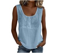 Tank Top Femme Chic et Élégant sans Manches Brodée Col en Rond Ample Respirant Débardeur Coton Lin Femme Style Bohème Caraco Vintage Fluide pour Quotidiennes Bureau et Loisirs Plage
