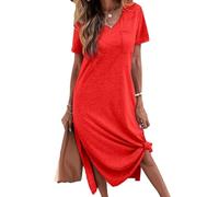 Tankaneo Chemise de Nuit à Manches Courtes pour Femme - Col en V - T-shirt d'Été - Robe Longue Décontractée et Douce - Maxi Ample avec Fente Latérale et Poches