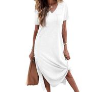 Tankaneo Chemise de nuit à manches courtes pour femme - Col en V - T-shirt d'été - Robe longue - Vêtement de nuit décontracté - Robe de nuit douce - Robe maxi ample - Fente latérale - Avec poches,