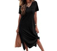 Tankaneo Chemise de nuit à manches courtes pour femme - Col en V - T-shirt d'été - Robe longue - Vêtement de nuit décontracté - Robe de nuit douce - Robe maxi ample - Fente latérale - Avec poches,