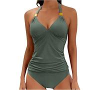 Tankini Dos Nu Maillot de Bain pour Femmes Contrôle du Ventre Deux pièces Maillot de Bain Col en V Maillot de Bain avec Short 2025 (Vert armée,Grand)