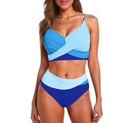Tankini Femme 2 Pieces Décolleté en V Bikini avec Couvrance Resort ÉTé Plage Confortable(Blue, M)