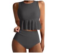 Tankini Femme Deux Pièces avec Coques sans Armature Haut Ajusté Culotte Taille Haute Ensemble Bain Uni Plage Piscine Vacances