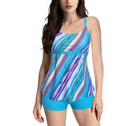 Tankini Femme Rétro Maillot de Bain 2 Pièces Push Up Froncé Imprimé Vintage Bikini Culotte Taille Haute Gainant Ventre Plat Set Plage Piscine Été Grande Taille