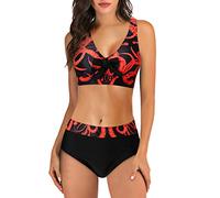Tankini Maillot De Bain Femme Haut Grande Taille Rétro Bikini froncé Deux Maillot de Bain Ensemble remorquage Licou Femmes Imprimer pièce Taille Haute Femme 2 Pieces (Orange, M)