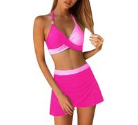 Tankini Maillot De Bain Femme Jupe de Bain Dos Nu à Blocs de Couleurs Pièces Cordon de Serrage Sexy Ensemble de Bikini,Ties-Up Triangle Top de Bikinis et Taille Basse Bas de Bikini