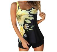 Tankini pour femme avec short - Maillot de bain d'été deux pièces - Imprimé floral vintage - Contrôle du ventre - Maillot de bain taille haute dos nu et rembourrage amovible (TYPE - 20, M)