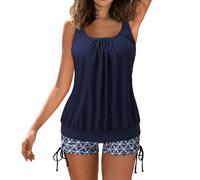 Tankini pour femme avec short - Maillot de bain deux pièces - Imprimé floral vintage - Contrôle du ventre - Taille haute - Dos nu - Coussin de poitrine amovible (A-4, 5XL)