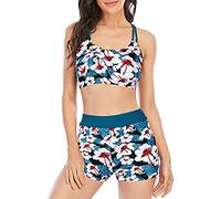 Tankini Shorty 2 Pieces Sexy Tankinis Maillots De Bain Taille Haute Tankini Short Vintaeg Floral Swimsuit Maillots Deux Pièces Bikini Ensembles Deux Pièces Pas Cher Swimwear De Plage (Bleu-c, S)