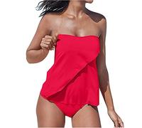 Tankinis de couleur unie pour femme - Coupe ample - Maillot de bain deux pièces sans bretelles avec bandoulière amovible, Rouge, L(96,52 cm-101,60 cm)