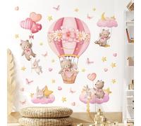 Tanlaby Autocollant Mural Montgolfière Rose Stickers Muraux Animaux Nuages | Lapin Ours Animal Forêt Décoration Murale pour Chambre Salon Chambre Enfants Bébé Pépinière Mur TV
