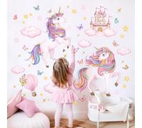 Tanlaby Autocollants Muraux Licorne Sticker Muraux Château Licorne avec Papillons Nuages étoiles Sticker Mural à Décoller et Coller pour Chambre de Bébé Chambre de Fille Décoration de Crèche