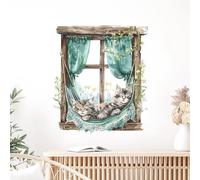 Tanlaby Fausse Fenêtre Sticker Muraux, Chat Dormant sur les Plantes de Fenêtre Stickers Mural Décorations Autocollants Murales Auto-adhésives Amovibles pour Salon et Chambre à Coucher