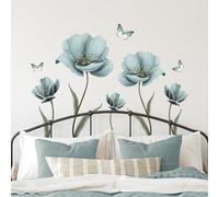 Tanlaby Grand Stickers Muraux Fleuri Autocollants Muraux Fleurs Vintage Sticker Mural Papillon Bleu pour Femmes Adultes Salons Chambres Maison Bureaux Canapé Fond Décoration Murale