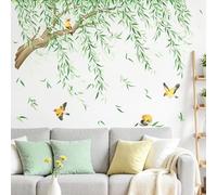Tanlaby Grands Stickers Muraux Branche Arbres Autocollants Muraux Branches de Saule Suspendues Sticker Murale Feuille Verte Oiseaux pour Salon Chambre Bureau Canapé Fond TV Décoration