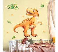 Tanlaby Jaune Dinosaure Grand Autocollant Mural Tropicales Animaux Stickers Mural Dinosaure Palmier Décoration Murale pour Enfant Garçon Fille Bébé Chambres Pépinière Salon