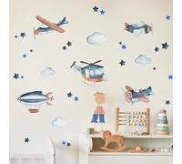 Tanlaby Sticker Mural Vaisseau Spatial Avion Autocollants Muraux Nuages Bleus Etoiles Sticker Mural Amovible Deco Stickers pour Chambre de Bébé Pépinière D'enfant Le Salon Décoration Murale