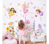 Tanlaby Sticker Muraux Fleur Fée Fille Autocollant Mural Floral Elfes Papillon Sticker Mural Amovible pour Chambre Fille Pépinière D'enfant Le Salon Décoration Murale
