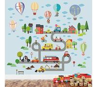 Tanlaby Stickers Mural Route Voiture Autocollant Muraux de Transport Urbain Ballon à air Chaud AutocollantSticker Voiture pour Enfants Pépinière Chambre à Coucher Jeux Salon Classe Décoration Murale