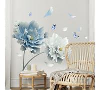 Tanlaby Stickers Muraux Fleur Blanche Bleue Autocollants Muraux Grand Lotus Sticker Mural Fleurs Papillons pour Fille Femme Salons Chambres Bureaux Canapé Fond Décoration Murale