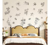 Tanlaby Stickers Muraux Fleur Rétro Fleurs Sauvages Sketch Autocollants Muraux Vintage Sticker Mural Fleurs Noir pour Adultes Salons Chambres Maison Bureaux Canapé Fond Décoration Murale