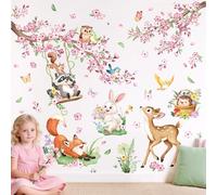 Tanlaby Stickers Muraux Fleurs Cerisier Rose Autocollant Mural Animaux des Bois Floral Branche Arbre Décoration Murale Bébé Fille Chambre Enfants Pépinière