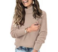 Tanmolo Pull Col Roulé Femme Élégant à Manches Brodées Motifs Ajourés pour Automne Hiver Tendance Confortable Beige, M