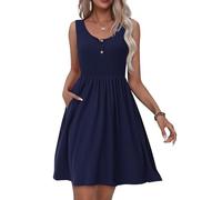 Tanmolo Robe D'été pour Femme Décontractée Robe à Gilet avec Boutons avec Poches Swing de Plage（Bleu foncé S）