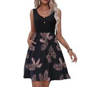 Tanmolo Robe D'été pour Femme Décontractée Robe à Gilet avec Boutons avec Poches Swing de Plage（Feuilles Brunes sur Fond Noir XS）