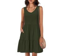 Tanmolo Robe d'été pour Femme Léger et Aéré Court Robe de Plage Vacances Décolleté V Style Swing sans Manches（Vert Militaire L）