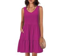 Tanmolo Robe d'été pour Femme Léger et Aéré Court Robe de Plage Vacances Décolleté V Style Swing sans Manches（Rose Vif S）