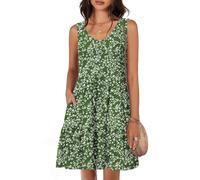 Tanmolo Robe d'été pour Femme Léger et Aéré Court Robe de Plage Vacances Décolleté V Style Swing sans Manches（Fleurs Vertes M）
