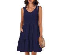 Tanmolo Robe d'été pour Femme Léger et Aéré Court Robe de Plage Vacances Décolleté V Style Swing sans Manches（Bleu foncé L）