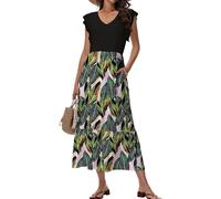 Tanmolo Robe Longue d'été pour Femme Maxi Robe de Plage avec Décolleté V Style Swing à Motif Floral et Poches（Grandes Feuilles S）