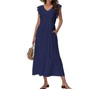 Tanmolo Robe Longue d'été pour Femme Maxi Robe de Plage avec Décolleté V Style Swing à Motif Floral et Poches（Bleu Marine L）