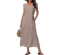Tanmolo Robe Longue d'été pour Femme Maxi Robe de Plage avec Décolleté V Style Swing à Motif Floral et Poches（Petit léopard Marron Clair XL）