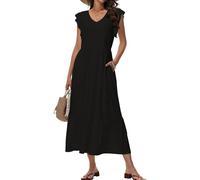 Tanmolo Robe Longue d'été pour Femme Maxi Robe de Plage avec Décolleté V Style Swing à Motif Floral et Poches（Noir L）