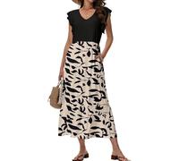 Tanmolo Robe Longue d'été pour Femme Maxi Robe de Plage avec Décolleté V Style Swing à Motif Floral et Poches（Feuilles Noires Fond Marron XL）