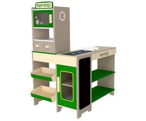 tanner DER KLEINE KAUFMANN TANNER Deco - Rapunzel Supermarché en Bois, Couleur Vert, avec Bande transporteuse, avec Accessoires pour Magasin de marchands, Design Alimentaire, 0348.2
