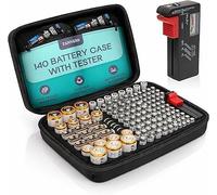 TANNESS Boîte de Rangement pour Piles Grande Capacité 140 avec Testeur - Organisateur AA AAA C D et Piles 9V, Étui Zippé 360° Résistant à l’Eau, Compact, avec Poignée et Poches, Noir 35×24×9 cm