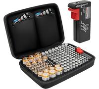 TANNESS Boîte de Rangement pour Piles Grande Capacité 140 avec Testeur - Organisateur AA AAA C D et Piles 9V, Étui Zippé 360° Résistant à l’Eau, Compact, avec Poignée et Poches, Noir 35×24×9 cm