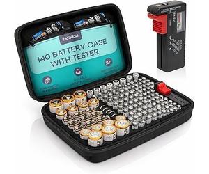 TANNESS Boîte de Rangement pour Piles Grande Capacité 140 avec Testeur - Organisateur AA AAA C D et Piles 9V, Étui Zippé 360° Résistant à l’Eau, Compact, avec Poignée et Poches, Noir 35×24×9 cm
