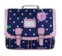 Tann's - Cartable 41cm Romy Marine - Imprimé Pois, ganse Rose pailletée et Pompons en Tulle - Cartable Scolaire Fille 2 Soufflets - CE2 CM1 CM2