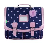 Tann's - Cartable 41cm Romy Marine - Imprimé Pois, ganse Rose pailletée et Pompons en Tulle - Cartable Scolaire Fille 2 Soufflets - CE2 CM1 CM2