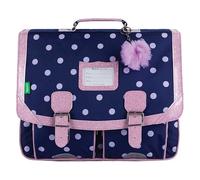 Tann's - Cartable 41cm Romy marine - Imprimé pois, ganse rose pailletée et pompons en tulle - Cartable scolaire fille 2 soufflets - CE2 CM1 CM2