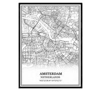 TANOKCRS Amsterdam Pays-Bas Carte Art mural Toile Imprimer Affiche Sans cadre Moderne Noir et blanc Souvenir Cadeau Décoration de maison