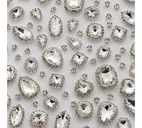 TANOSII Lot de 100 strass à coudre de formes mixtes en verre à coudre sur fond plat avec griffe argentée pour bijoux, travaux manuels, vêtements, chaussures, costumes, vêtements - Blanc - Type 1