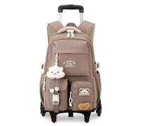 Tanou Cartable a Roulette Fille, 30L Sac Dos Roulettes pour d'école Primaire et Collège, Amovible Trolley Sac à Dos Scolaire Décontracté de Voyage avec 6 Roues, Marron
